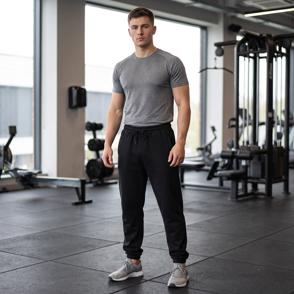 Model wearing the JUKE Unisex Loose Fit Tapered Joggers in a gym