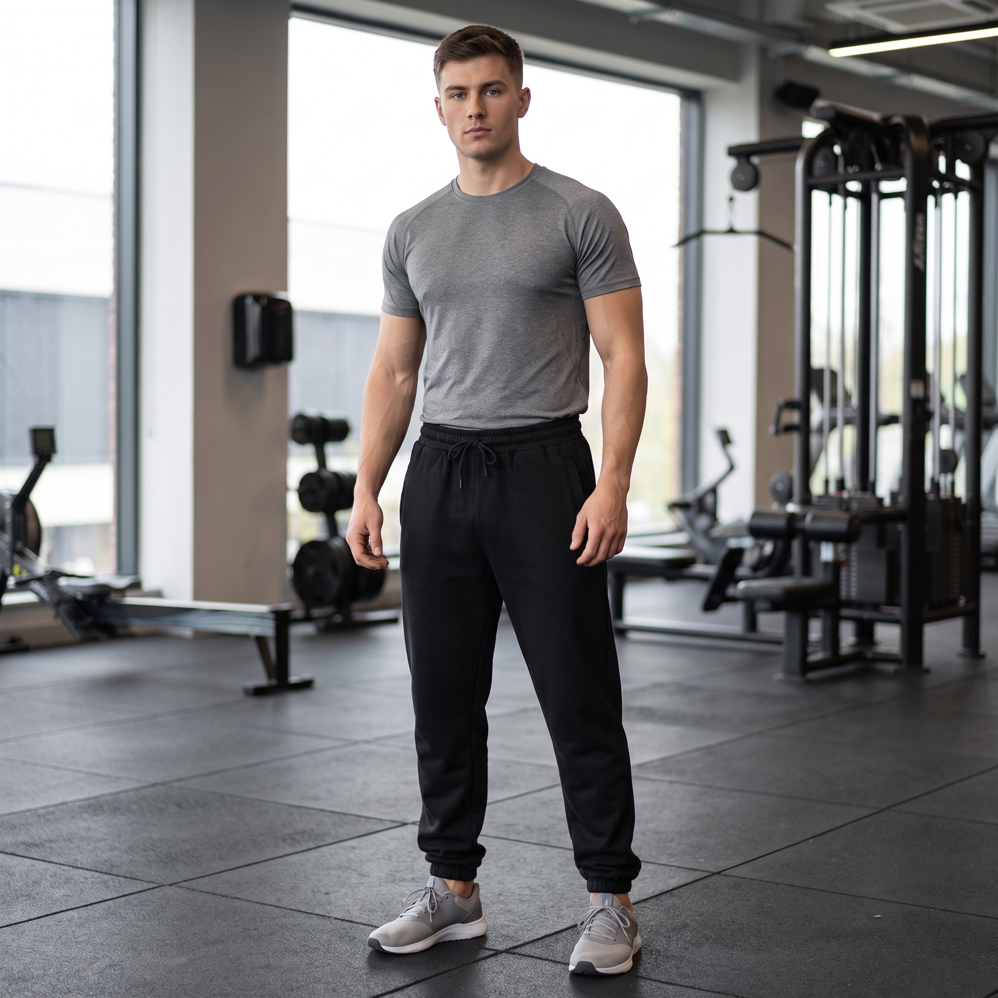 Model wearing the JUKE Unisex Loose Fit Tapered Joggers in a gym