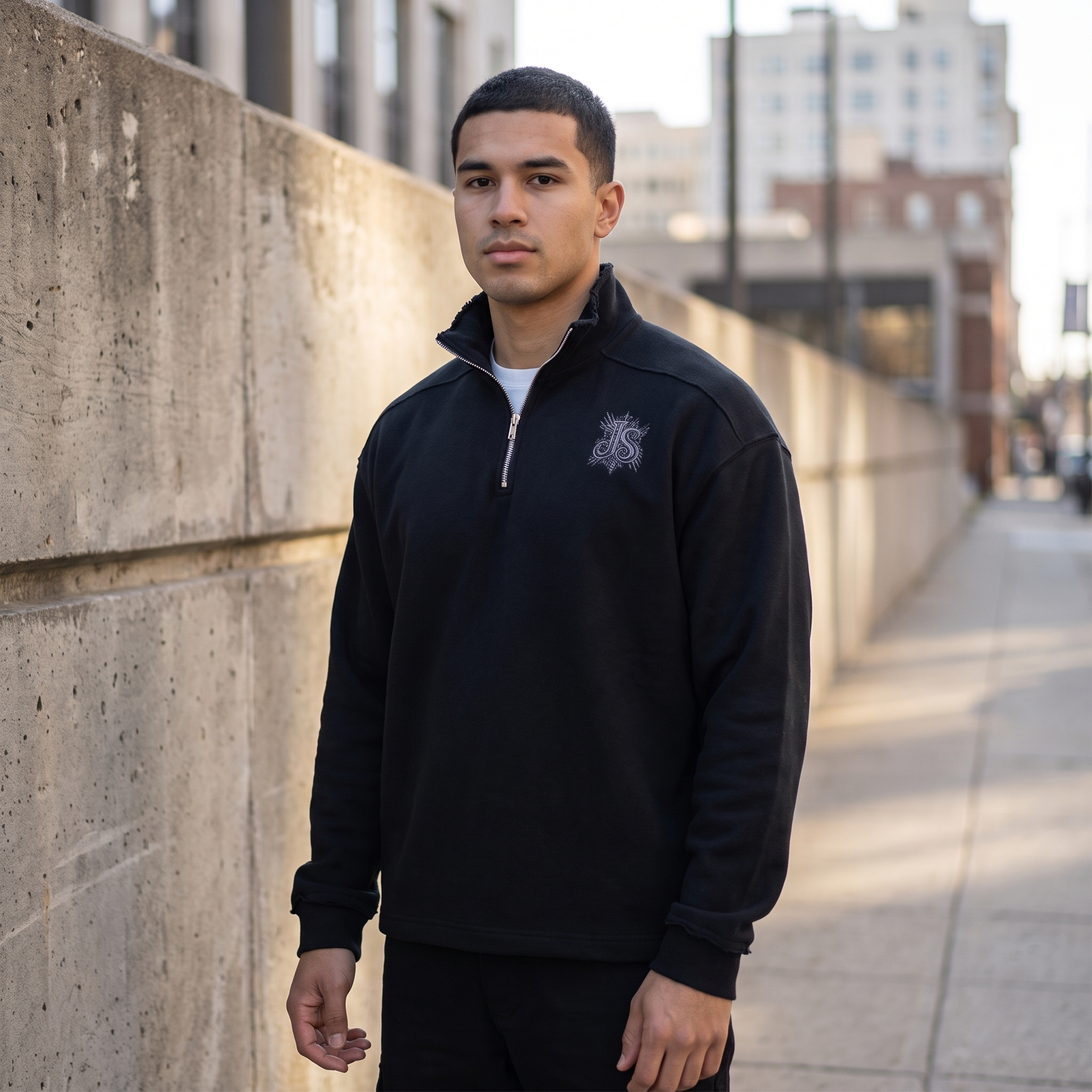 Model wearing the JUKE Half-Zip Rolled Edge Fleece Sweatshirt on a city street
