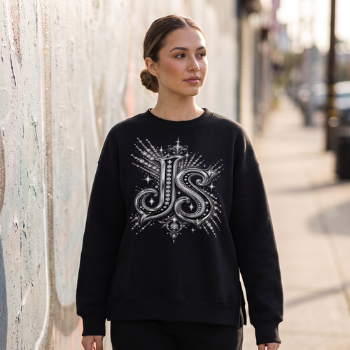 Model wearing the JUKE Fleece Side Slit Crewneck Sweatshirt on a city street