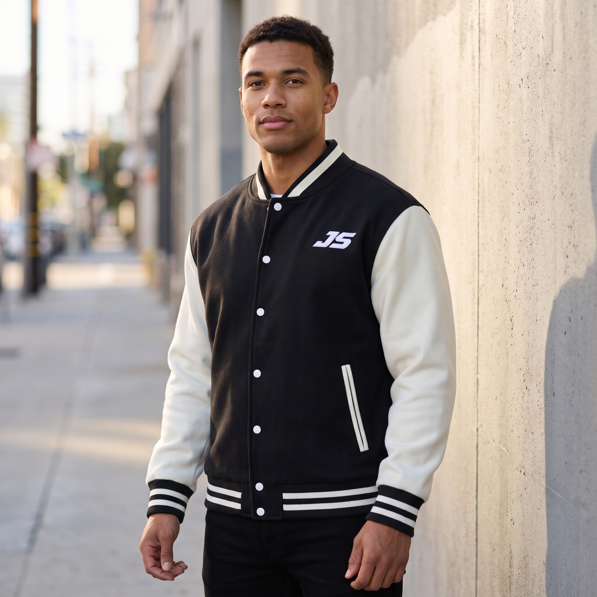 Model wearing the JUKE Two-Tone Fleeced Varsity Jacket on a city street