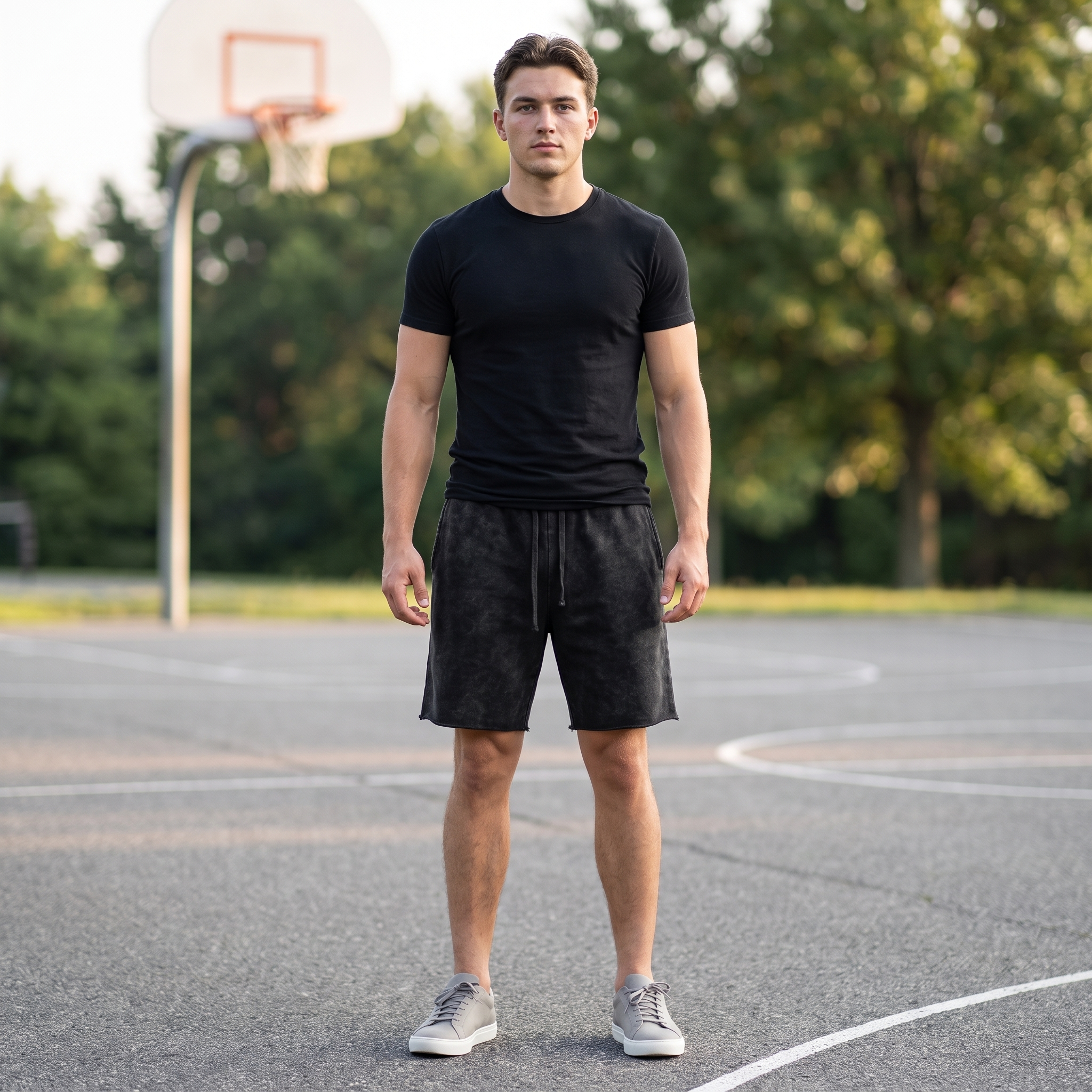 Model wearing the JUKE Snow Washed Raw Hem Shorts on an outdoor court