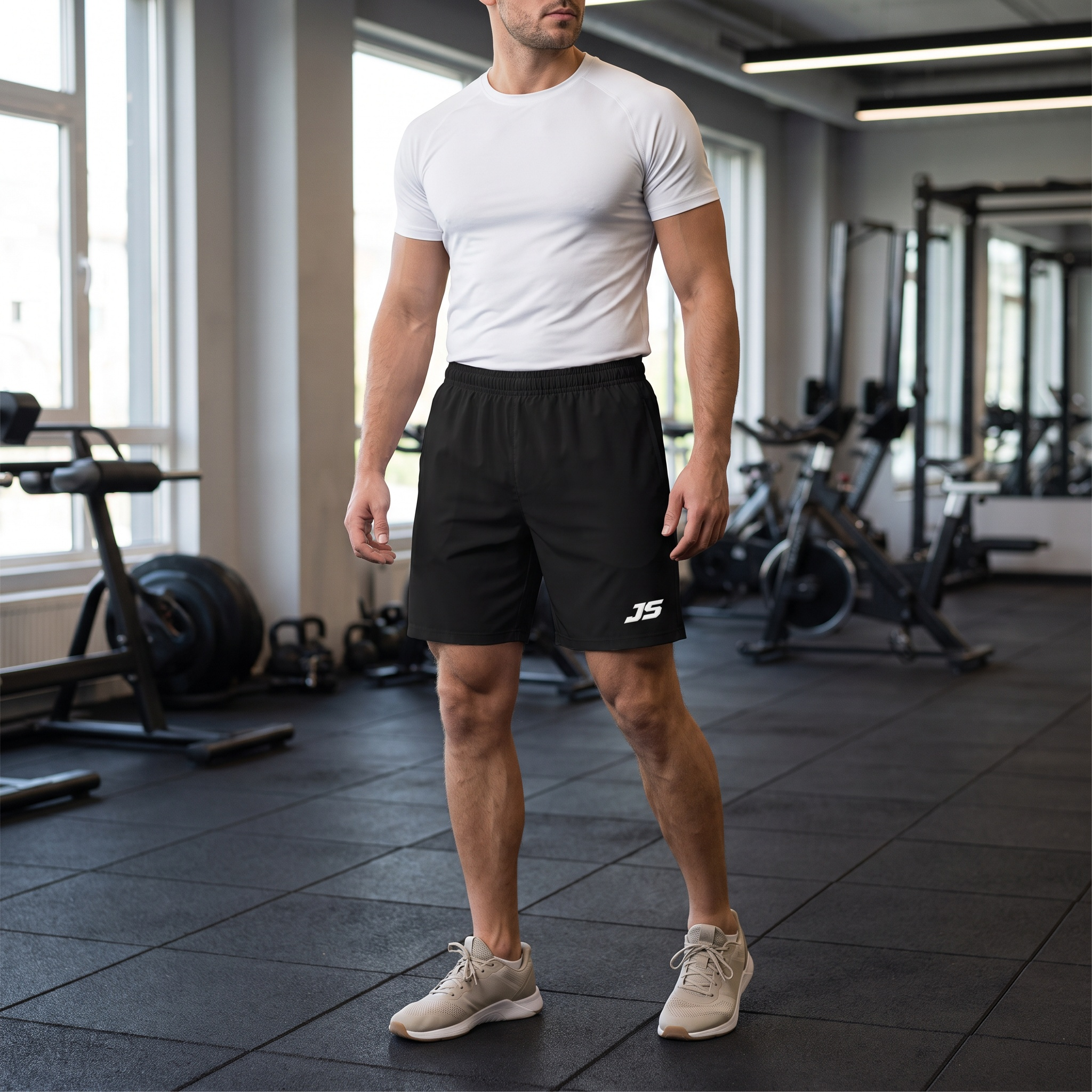 Model wearing the JUKE Men's Solid Elastic Waist Shorts in a gym