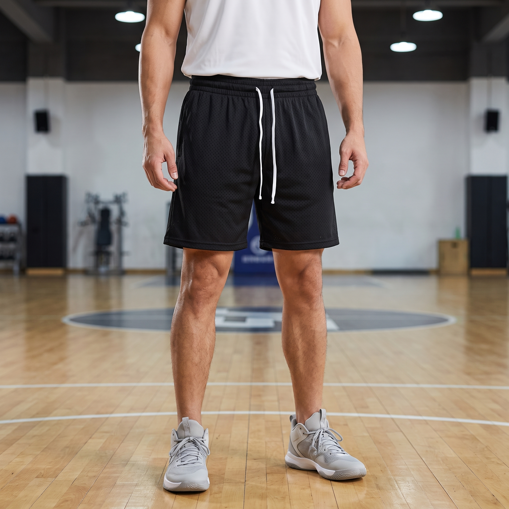 Model wearing the JUKE Mesh Drawstring Shorts on a basketball court