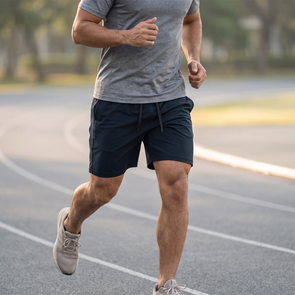 Model wearing the JUKE Men's Drawstring Active Shorts on a running track