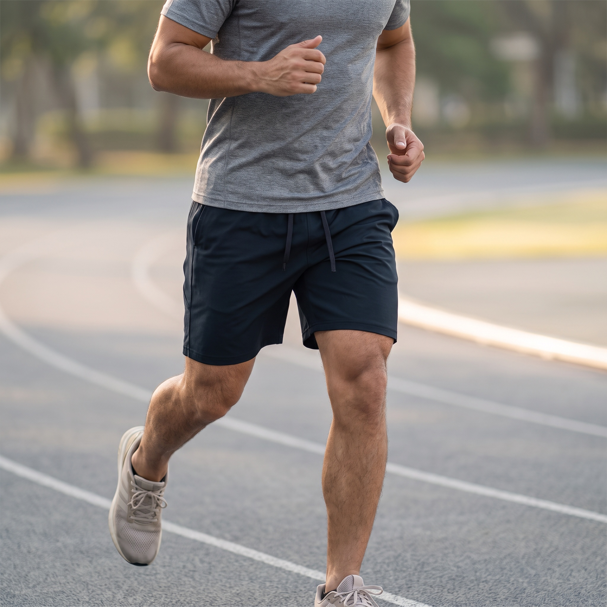 Model wearing the JUKE Men's Drawstring Active Shorts on a running track