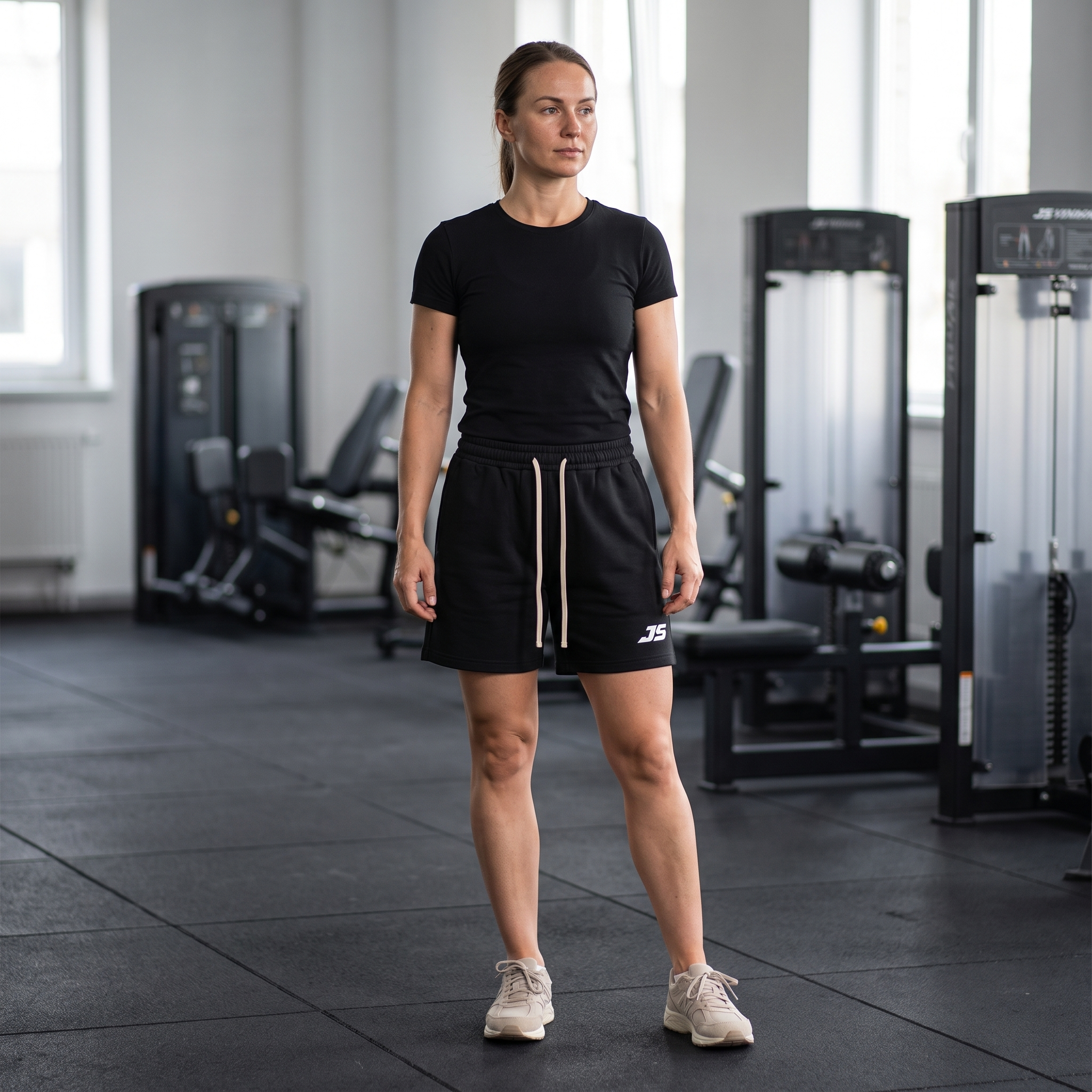 Model wearing the JUKE Unisex Drawstring Shorts in a gym