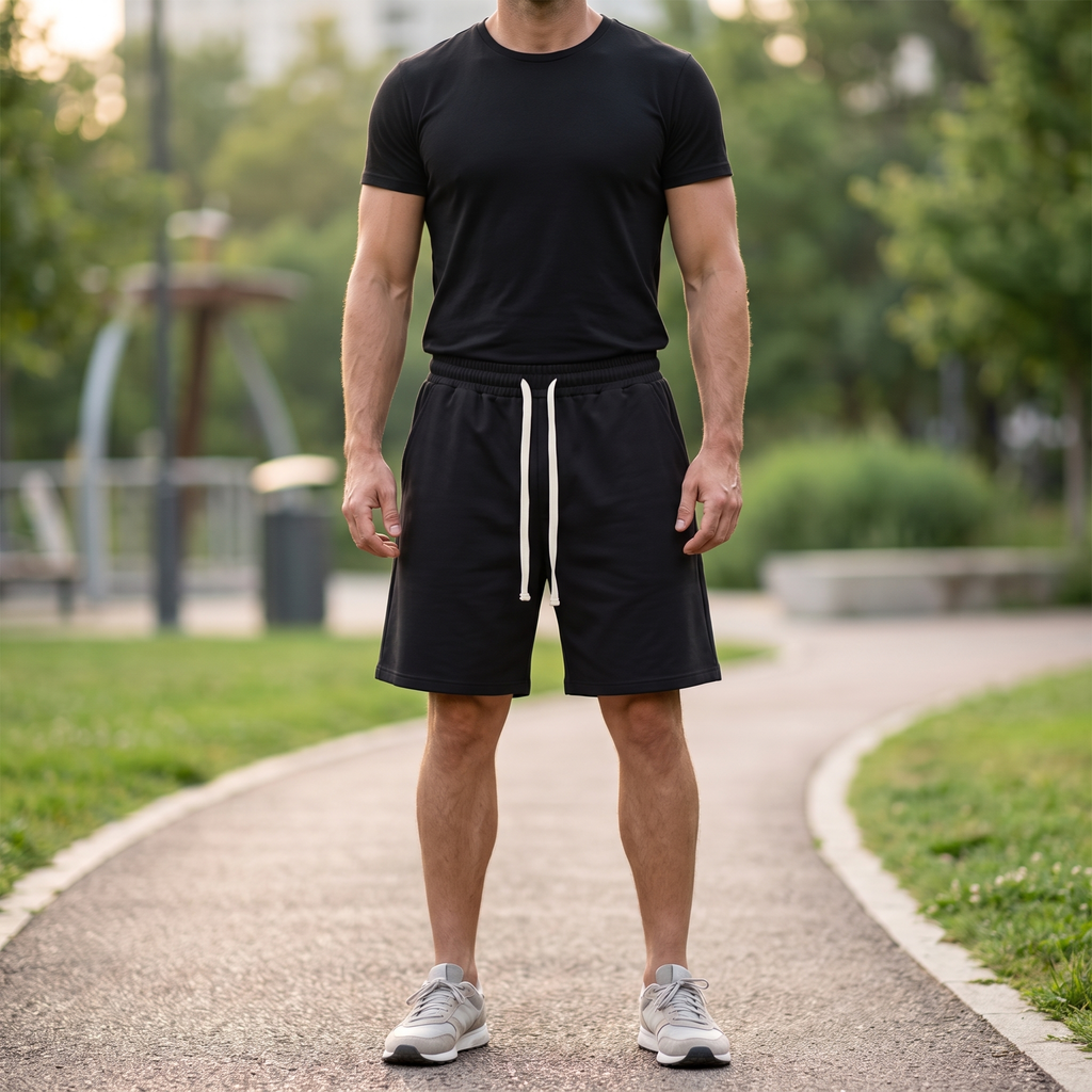 Model wearing the JUKE Men's Loose Fit Drawstring Shorts outdoors