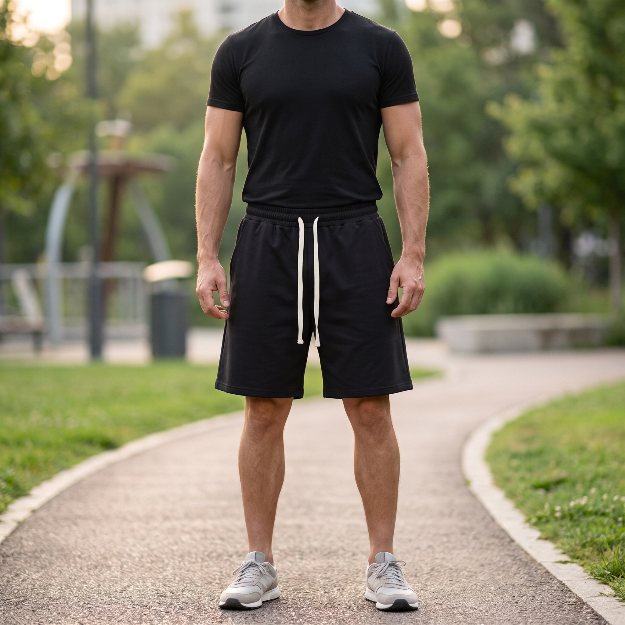 Model wearing the JUKE Men's Loose Fit Drawstring Shorts outdoors