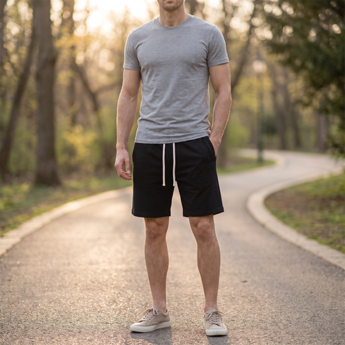 Model wearing the JUKE Essential Cotton Shorts outdoors