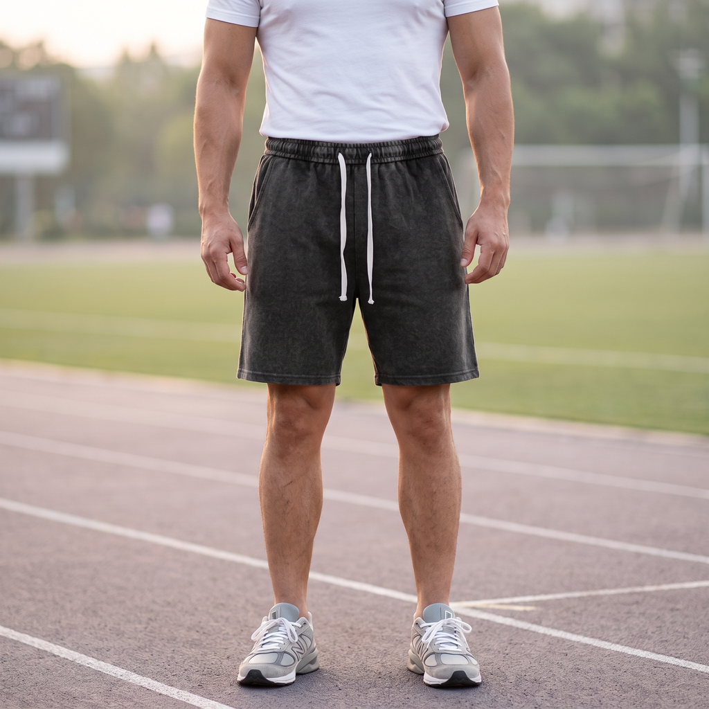 Model wearing the JUKE Men's Vintage Wash Drawstring Shorts on a running track