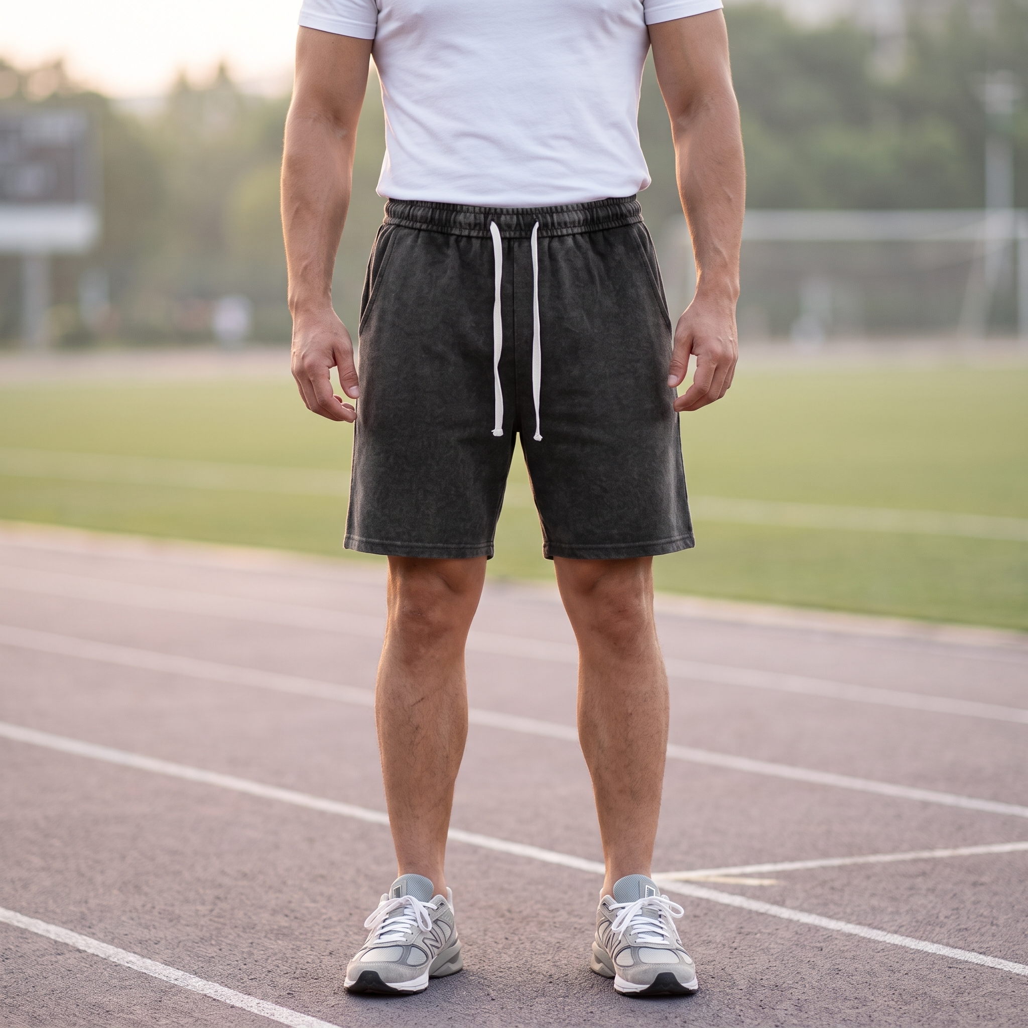 Model wearing the JUKE Men's Vintage Wash Drawstring Shorts on a running track