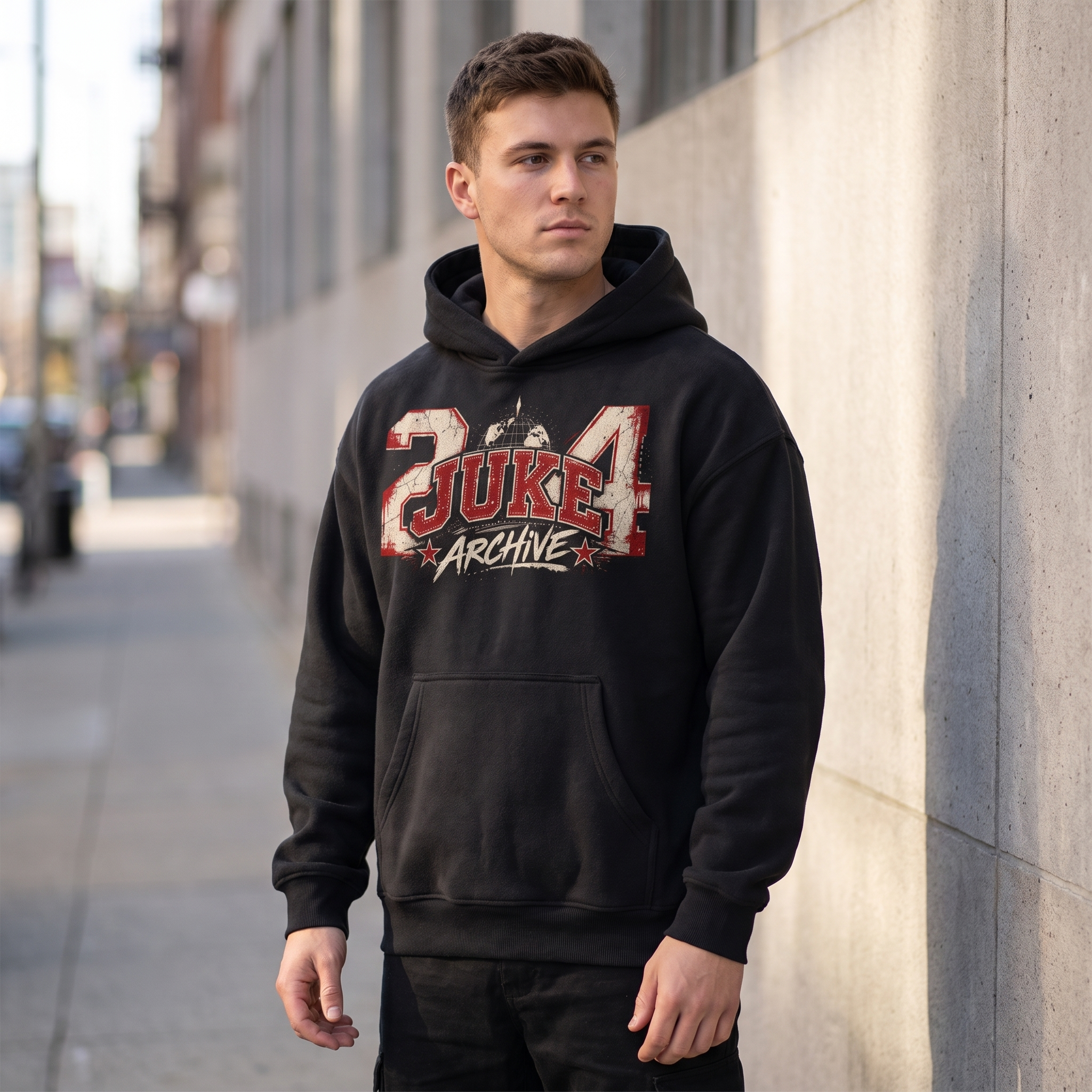 Model wearing the JUKE Essential Oversized Boxy Fit Fleece Hoodie on a city street
