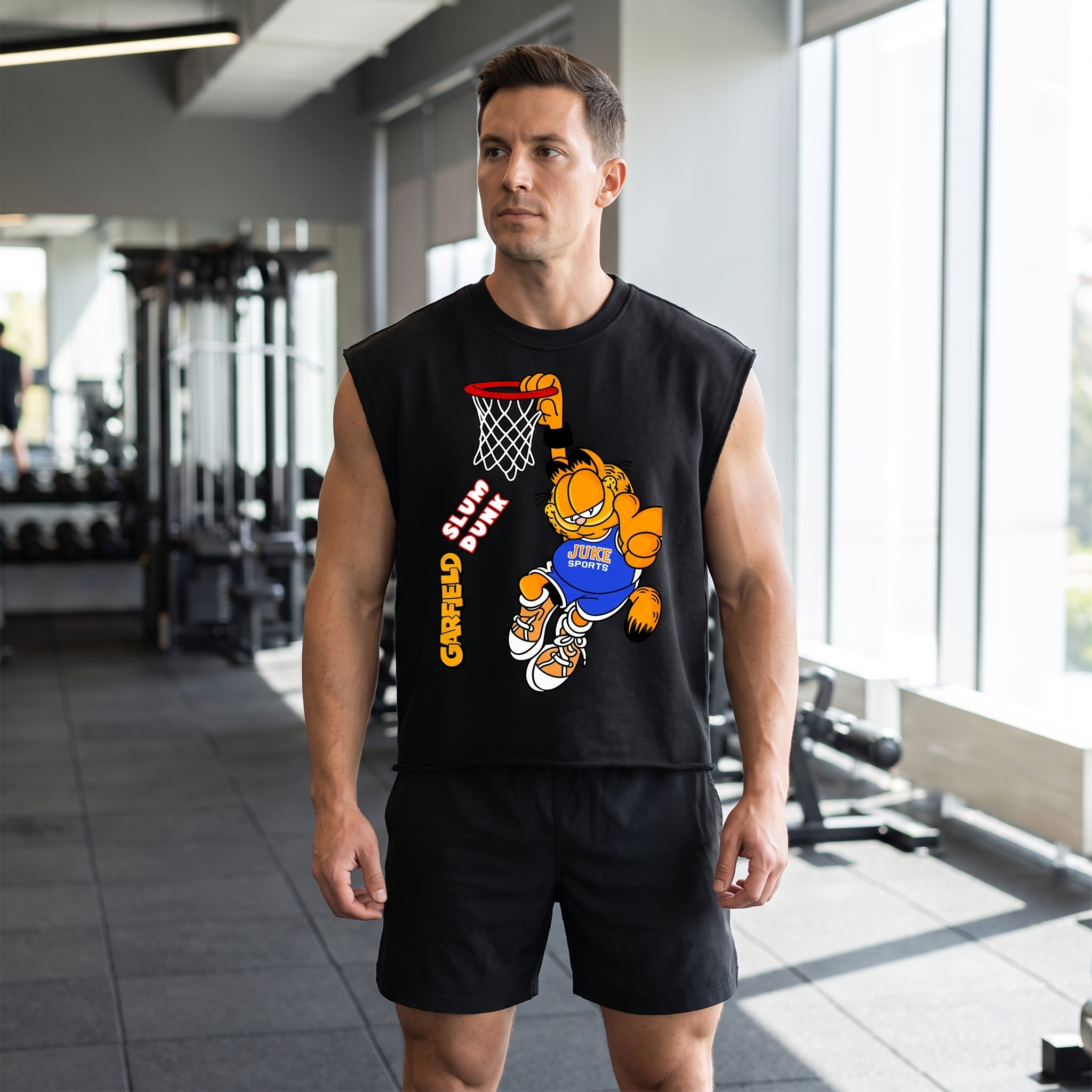 Model wearing the JUKE French Terry Boxy Tank Top in a gym