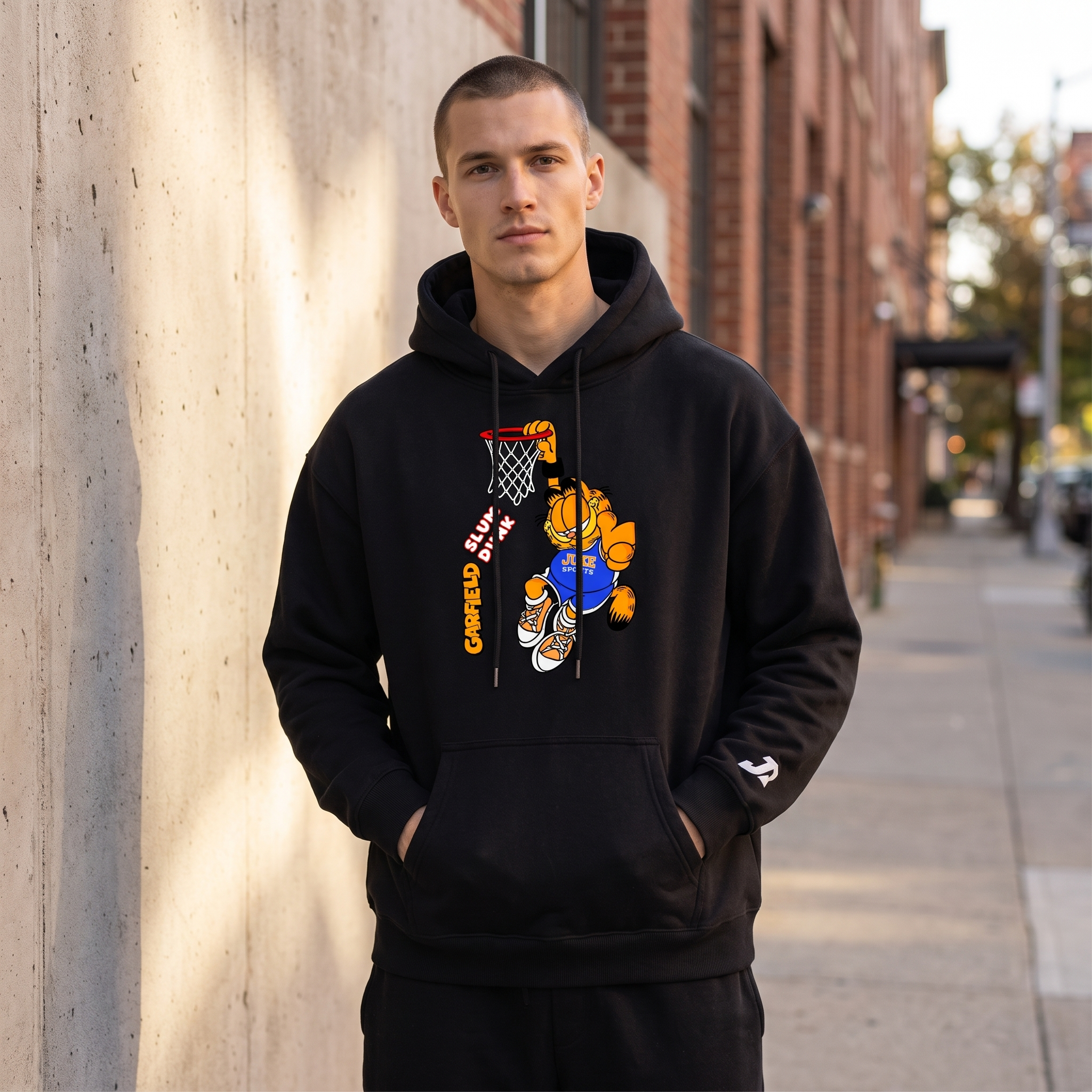 Model wearing the JUKE Oversize Fleeced Hoodie on a city street