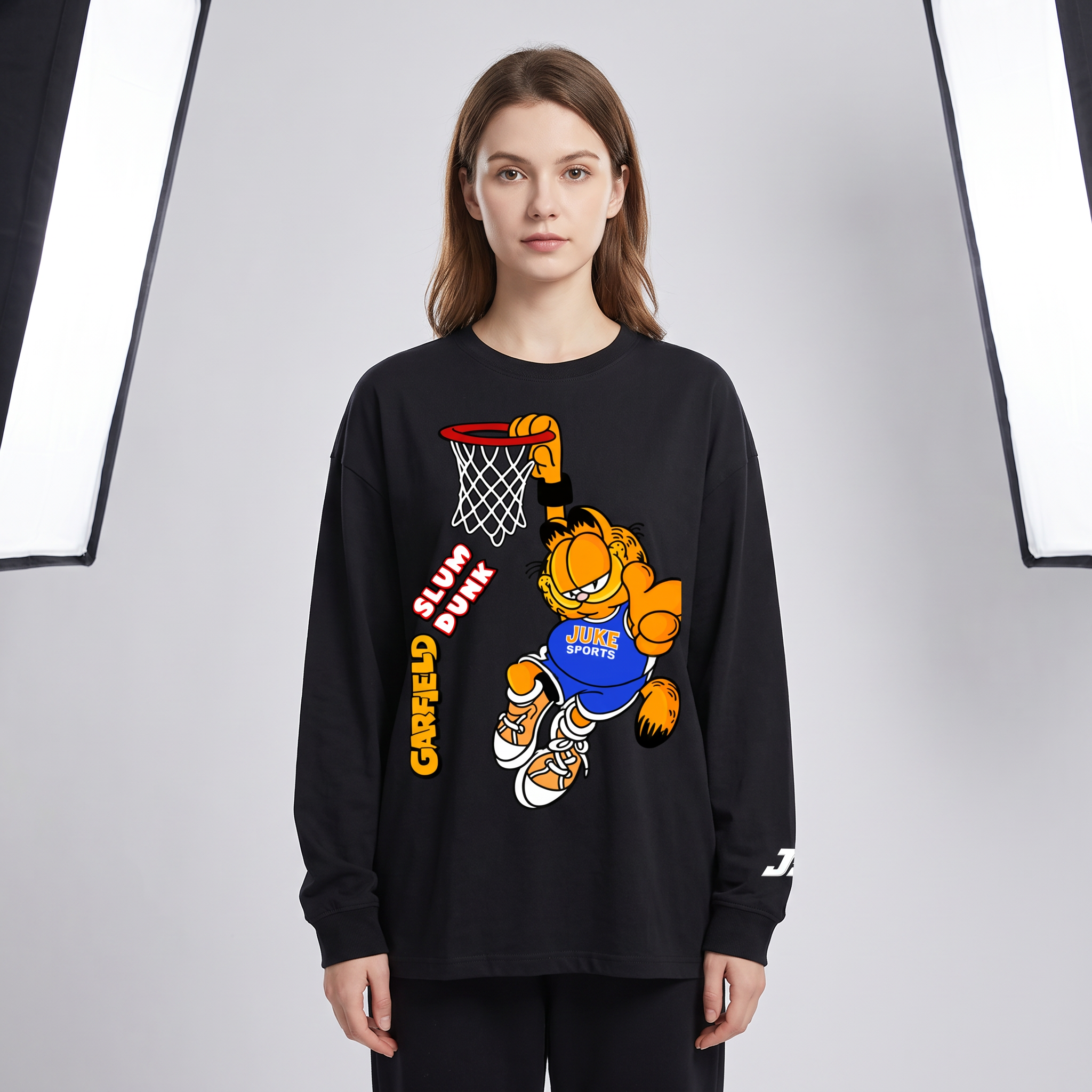 Model wearing the JUKE Oversized Unisex Long Sleeve T-Shirt, studio shot