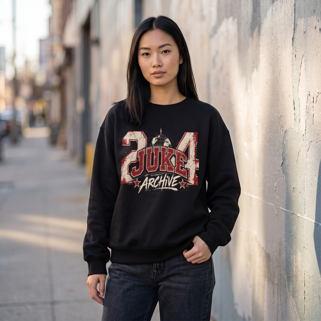 Model wearing the JUKE Unisex Loose Crewneck Sweatshirt on a city street