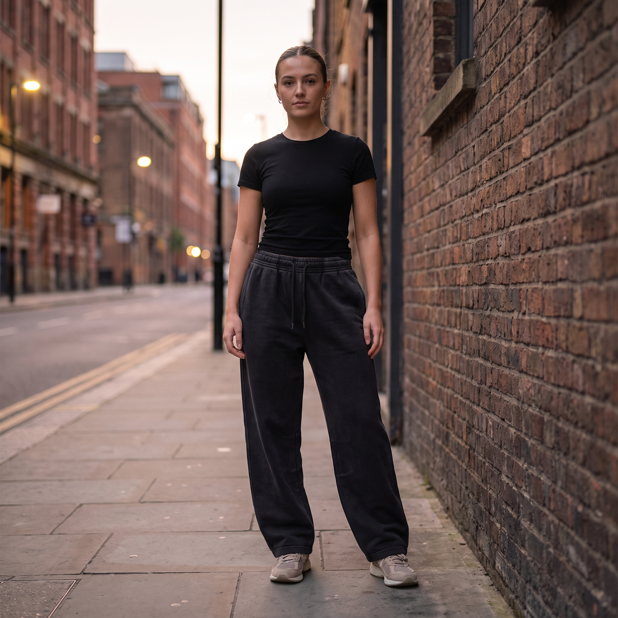 Model wearing the JUKE Unisex Vintage Washed Barrel Leg Sweatpants on a city street